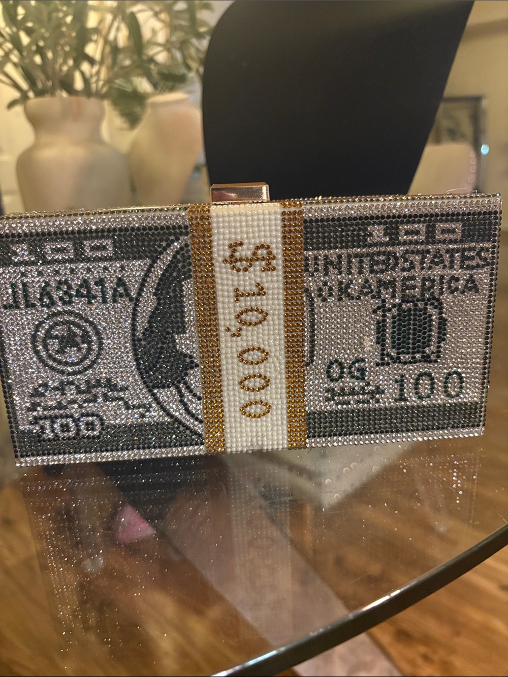 Embellished $100 Bill Crystal Clutch - Silver & Gold